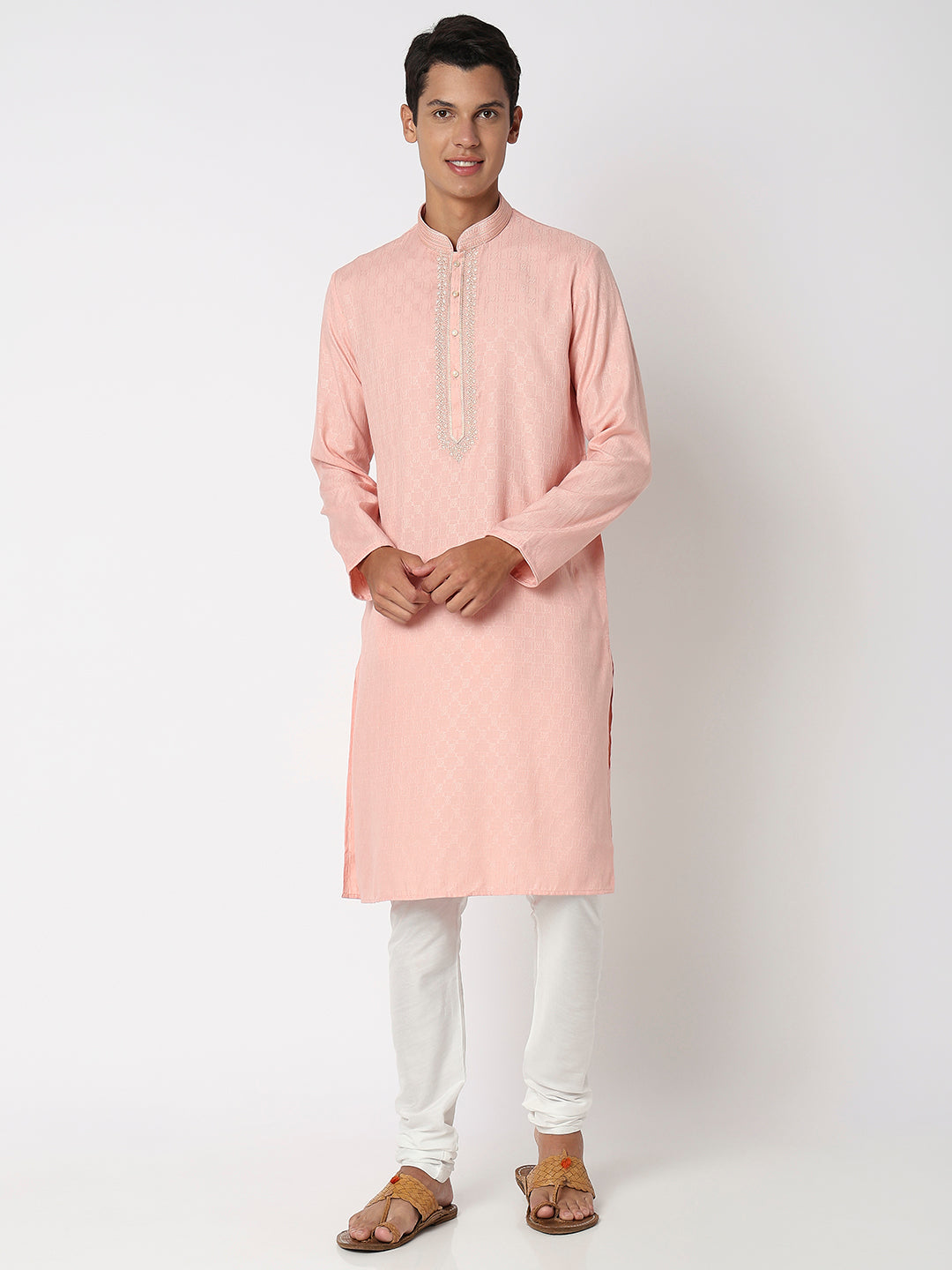 Men Wearing Onion Pink Viscose Embroidered Kurta Set