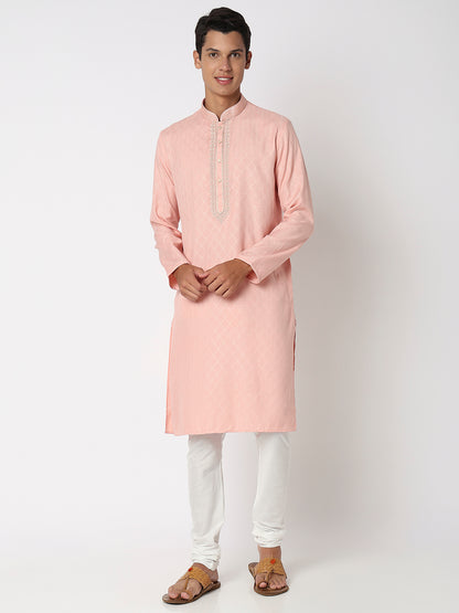 Men Wearing Onion Pink Viscose Embroidered Kurta Set