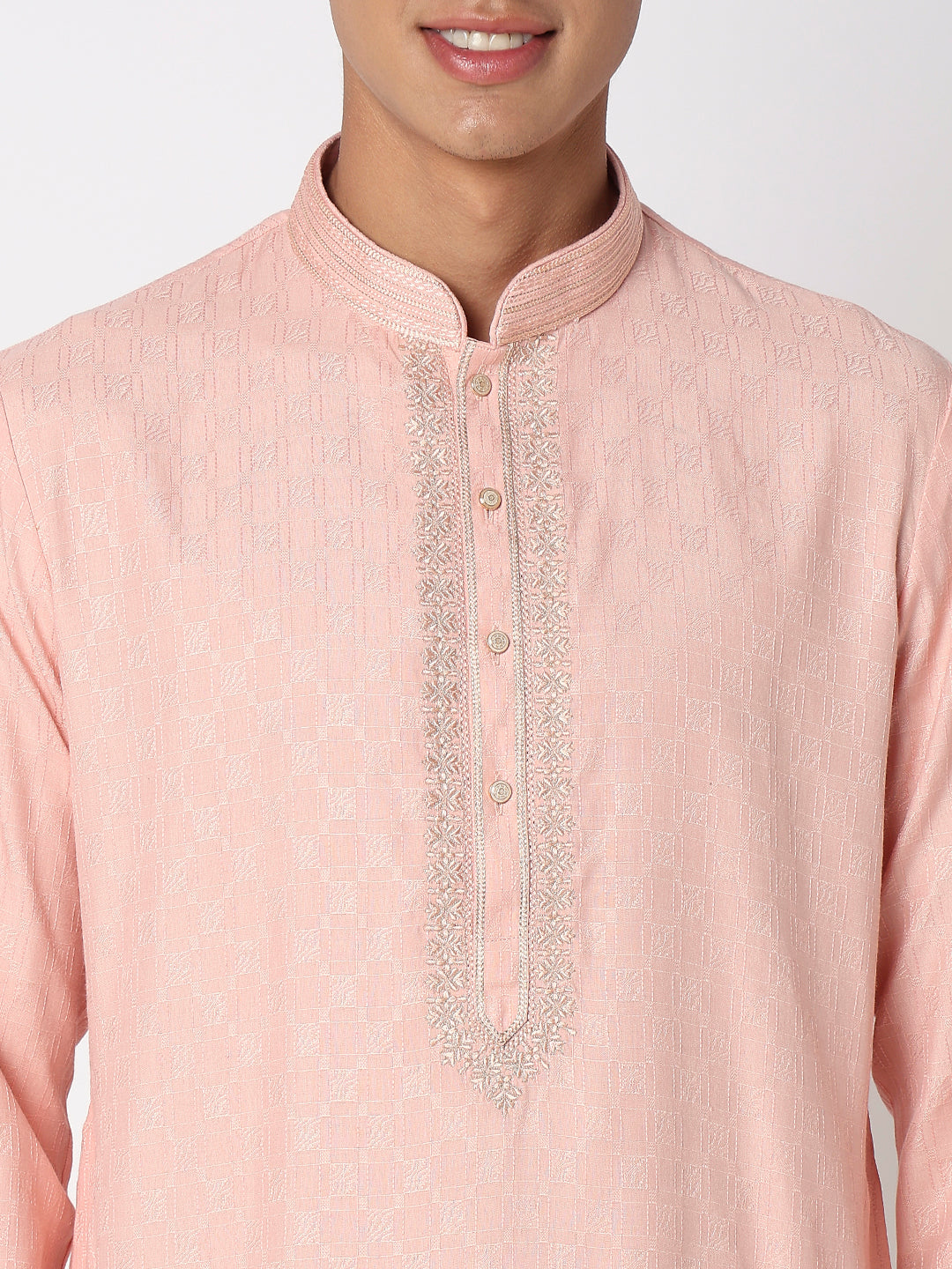 Men Wearing Onion Pink Viscose Embroidered Kurta Set