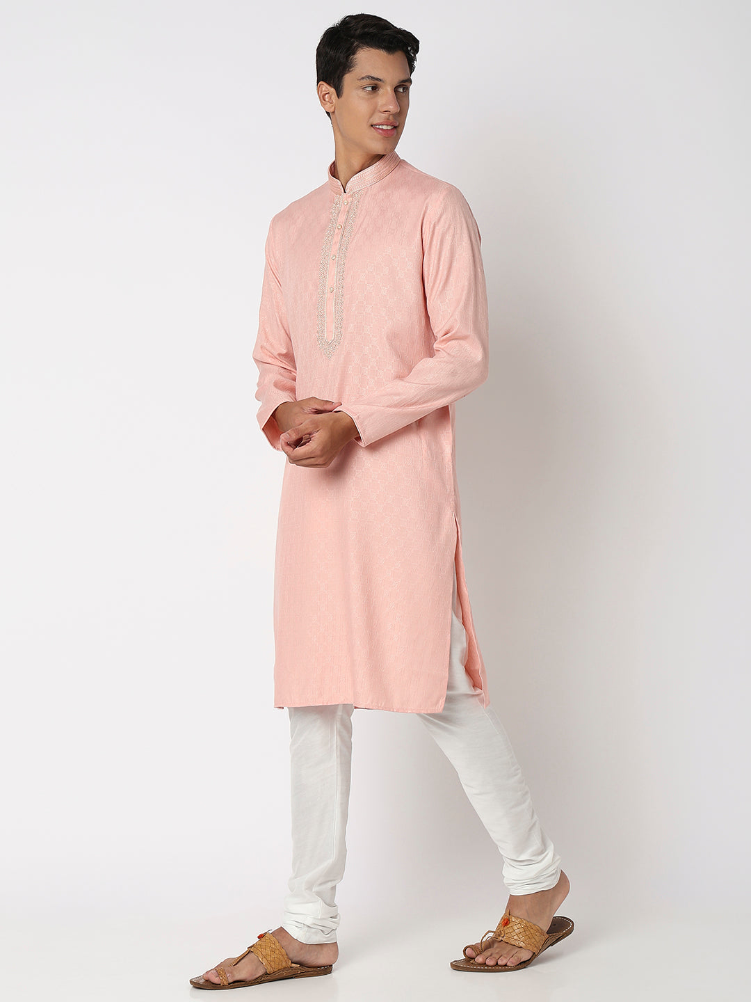 Men Wearing Onion Pink Viscose Embroidered Kurta Set