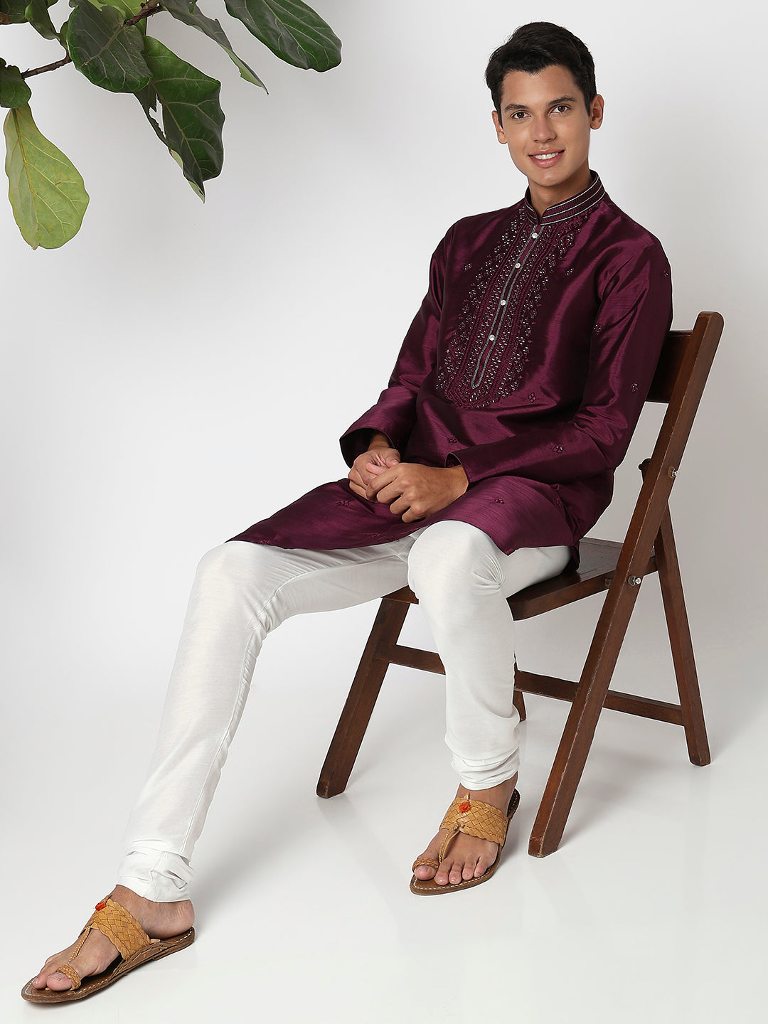 Men Wearing Wine Polyester Embellished Kurta Set