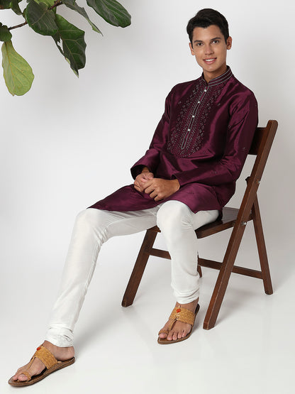 Men Wearing Wine Polyester Embellished Kurta Set