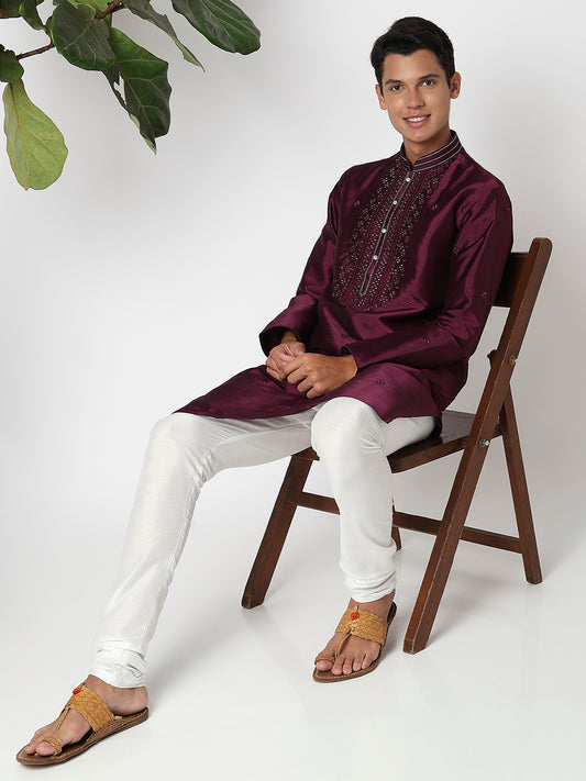 Men Wearing Wine Polyester Embellished Kurta Set