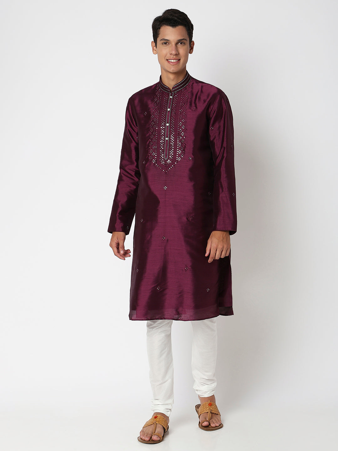 Men Wearing Wine Polyester Embellished Kurta Set