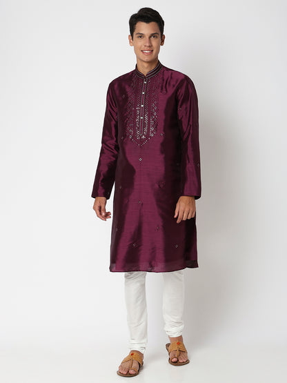 Men Wearing Wine Polyester Embellished Kurta Set
