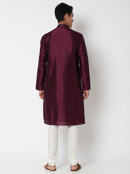 Men Wearing Wine Polyester Embellished Kurta Set