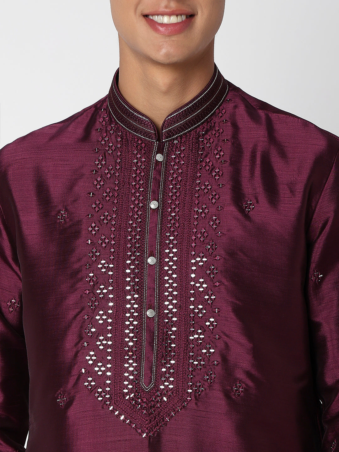 Men Wearing Wine Polyester Embellished Kurta Set