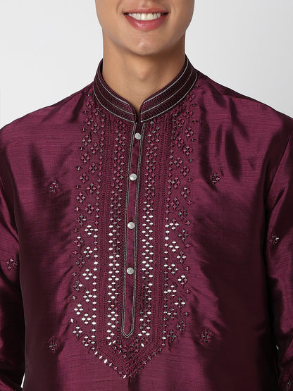 Men Wearing Wine Polyester Embellished Kurta Set