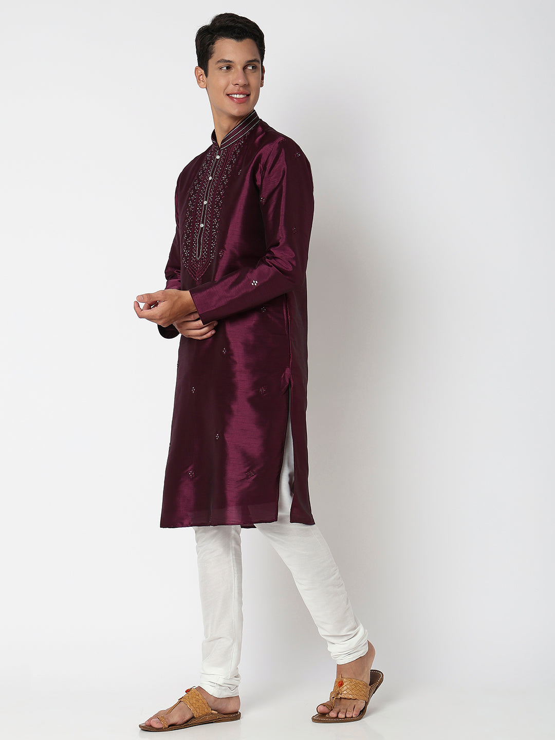 Men Wearing Wine Polyester Embellished Kurta Set