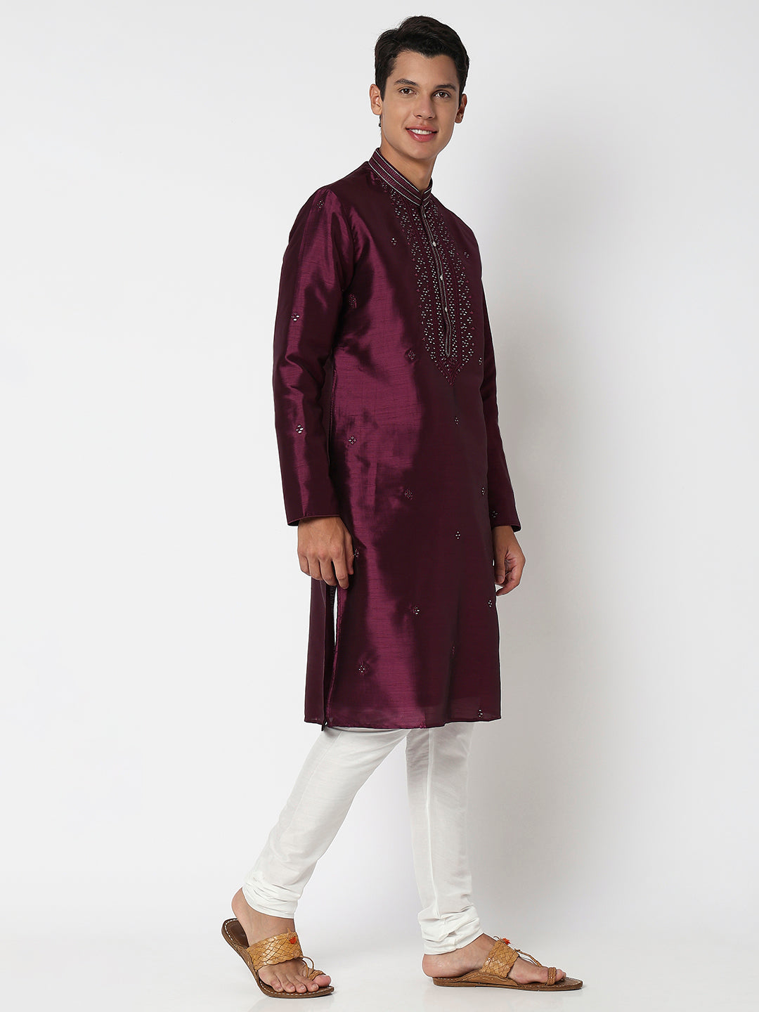 Men's Wine Polyester Embellished Kurta Set