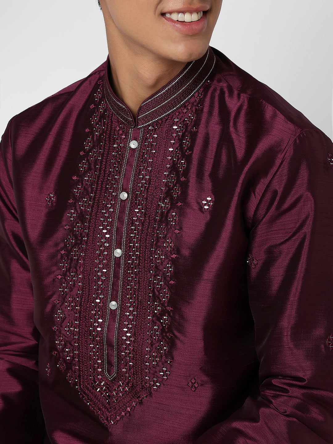 Men's Wine Polyester Embellished Kurta Set
