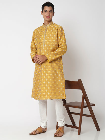 Men Wearing Mustard Polyester Jacquard Kurta Set