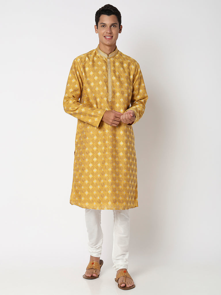 Men Wearing Mustard Polyester Jacquard Kurta Set