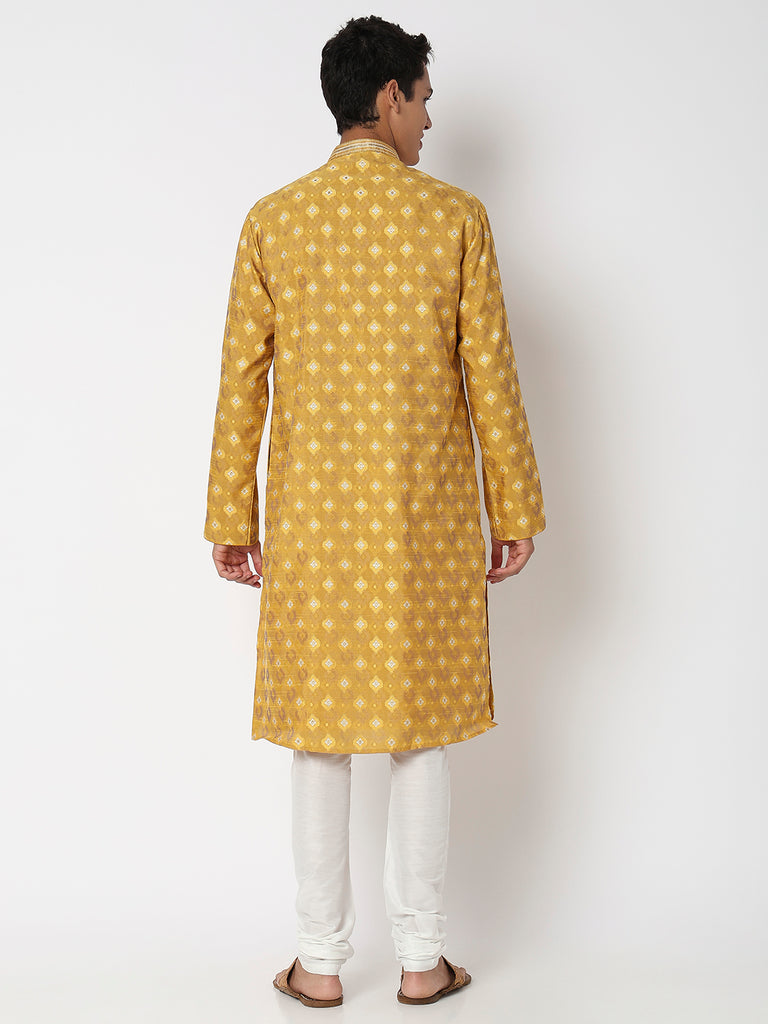 Men Wearing Mustard Polyester Jacquard Kurta Set
