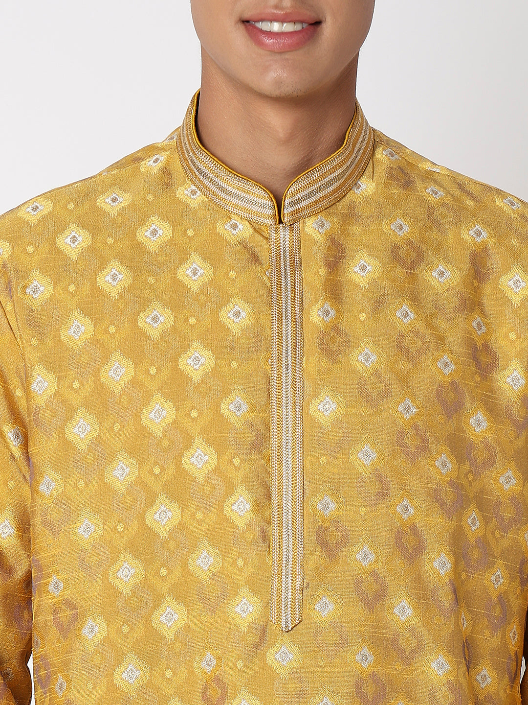 Men Wearing Mustard Polyester Jacquard Kurta Set
