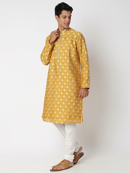Men Wearing Mustard Polyester Jacquard Kurta Set