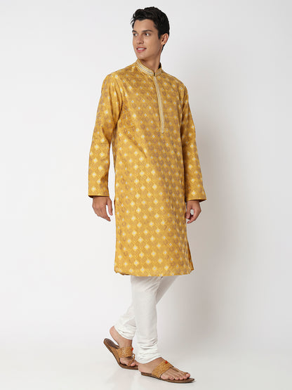 Men's Mustard Polyester Jacquard Kurta Set
