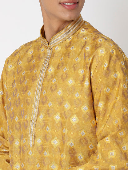 Men's Mustard Polyester Jacquard Kurta Set