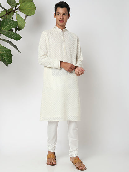 Men Wearing White Polyester Embroidered Kurta Set