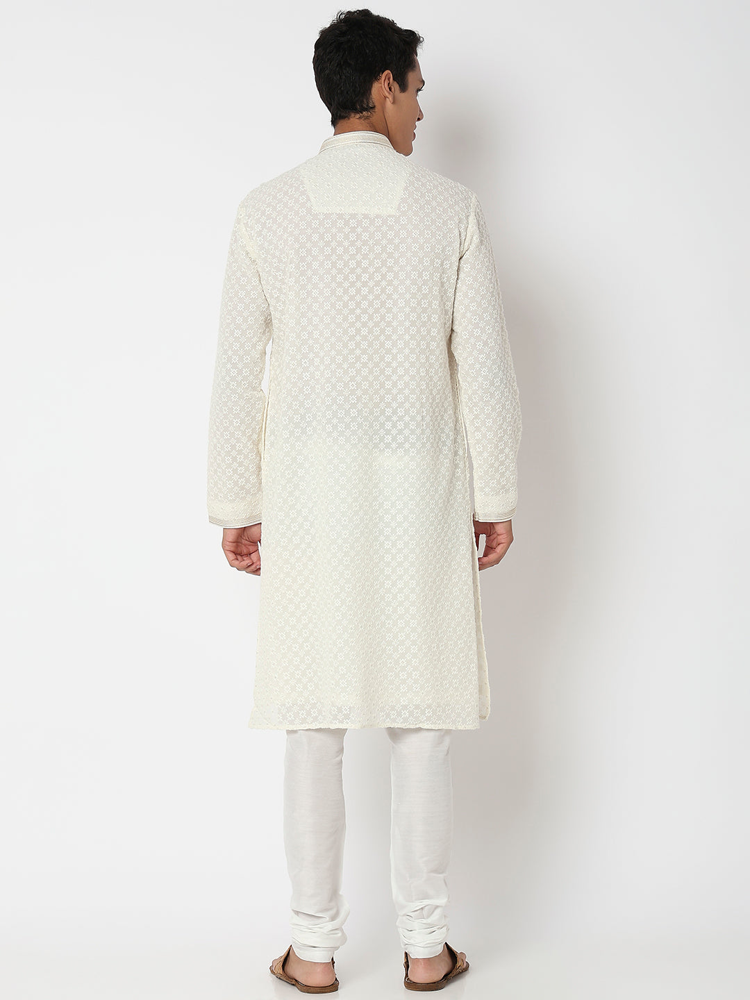 Men Wearing White Polyester Embroidered Kurta Set