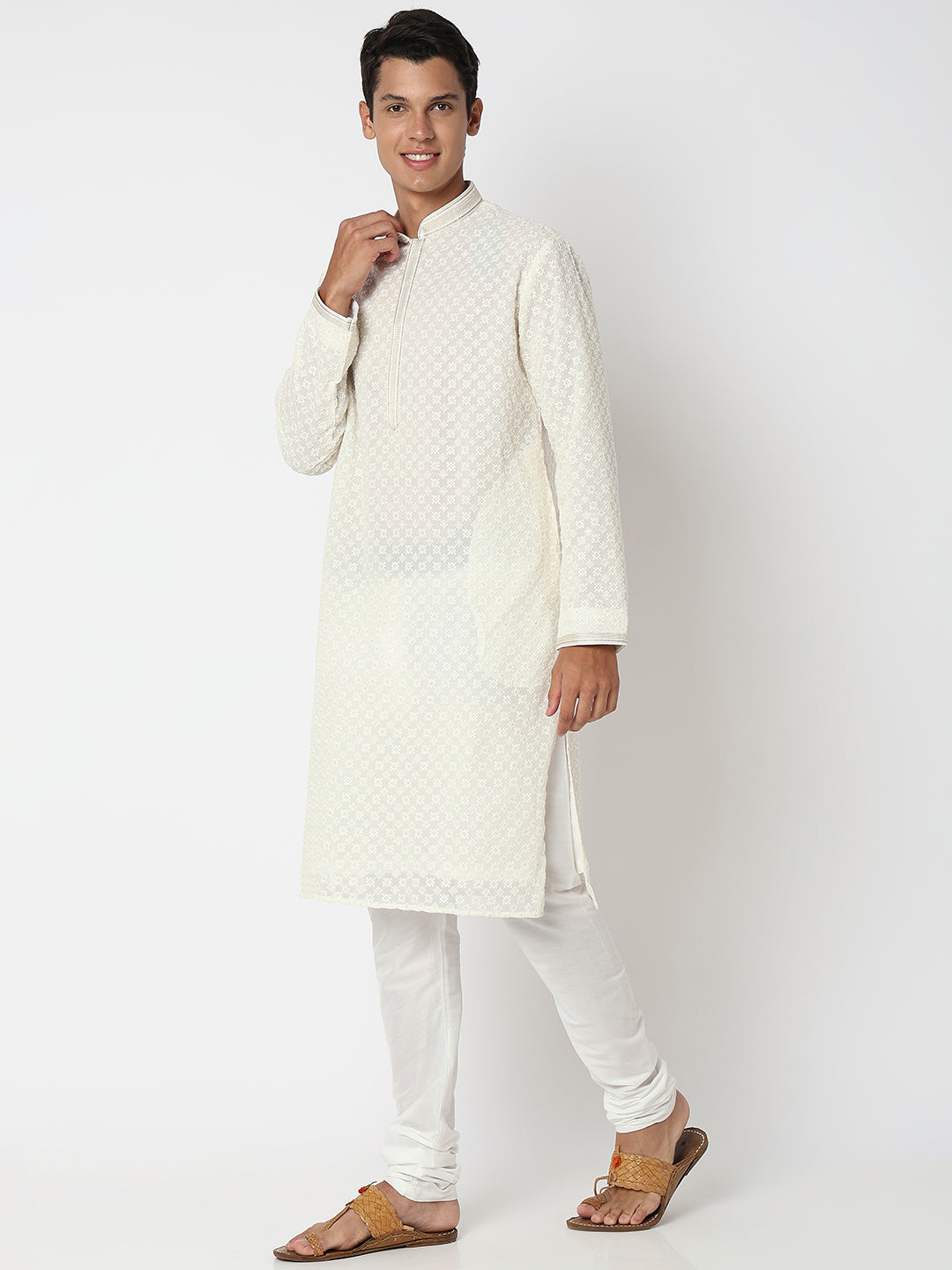 Men Wearing White Polyester Embroidered Kurta Set