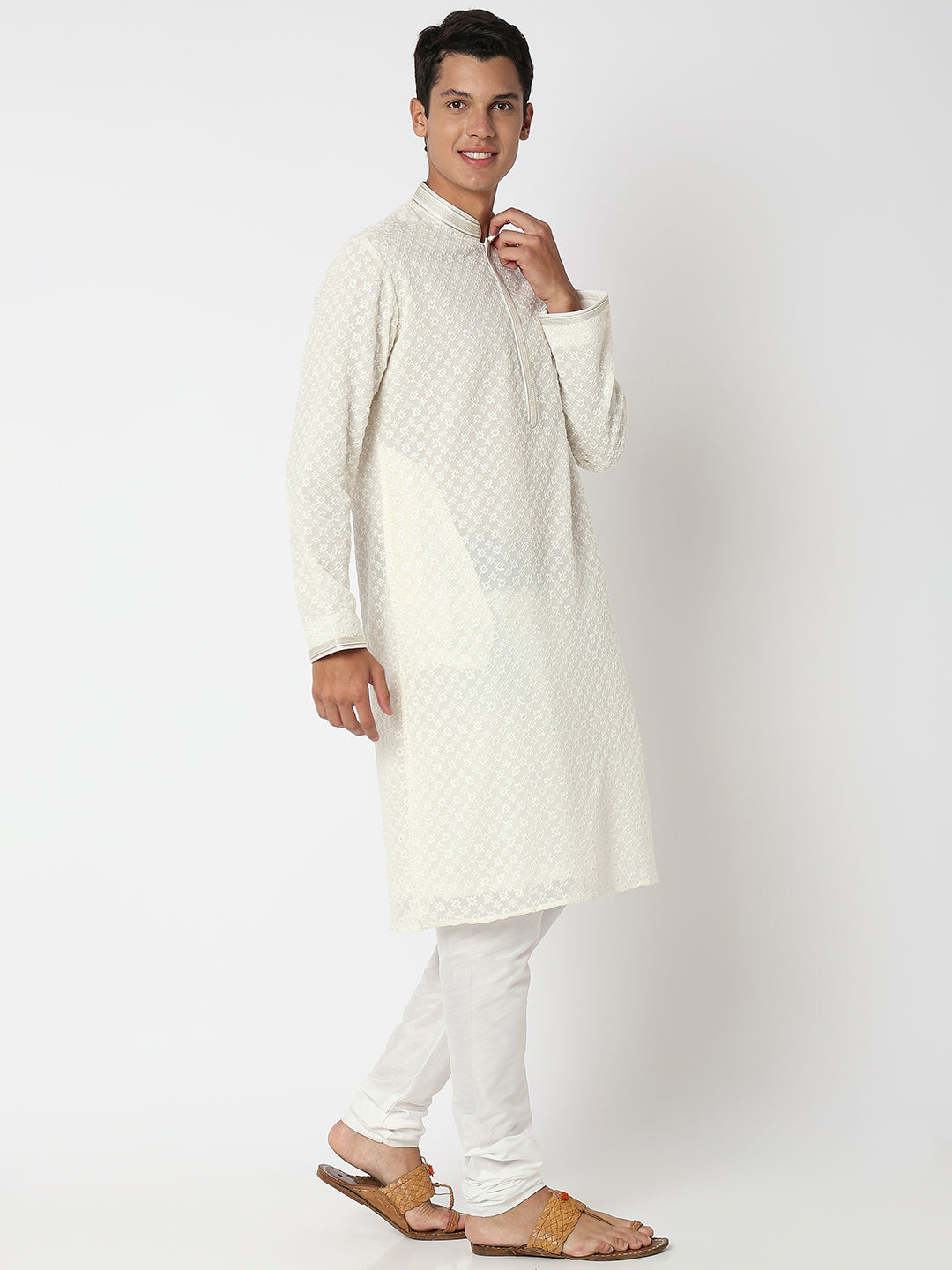 Men's White Polyester Embroidered Kurta Set
