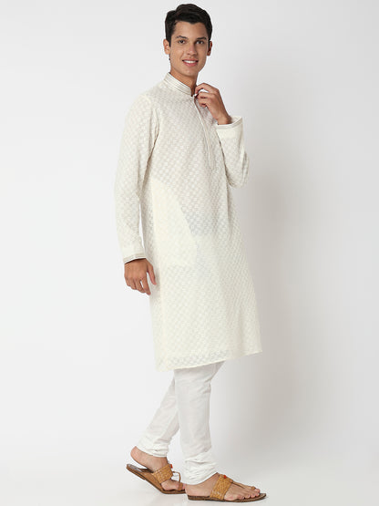 Men's White Polyester Embroidered Kurta Set