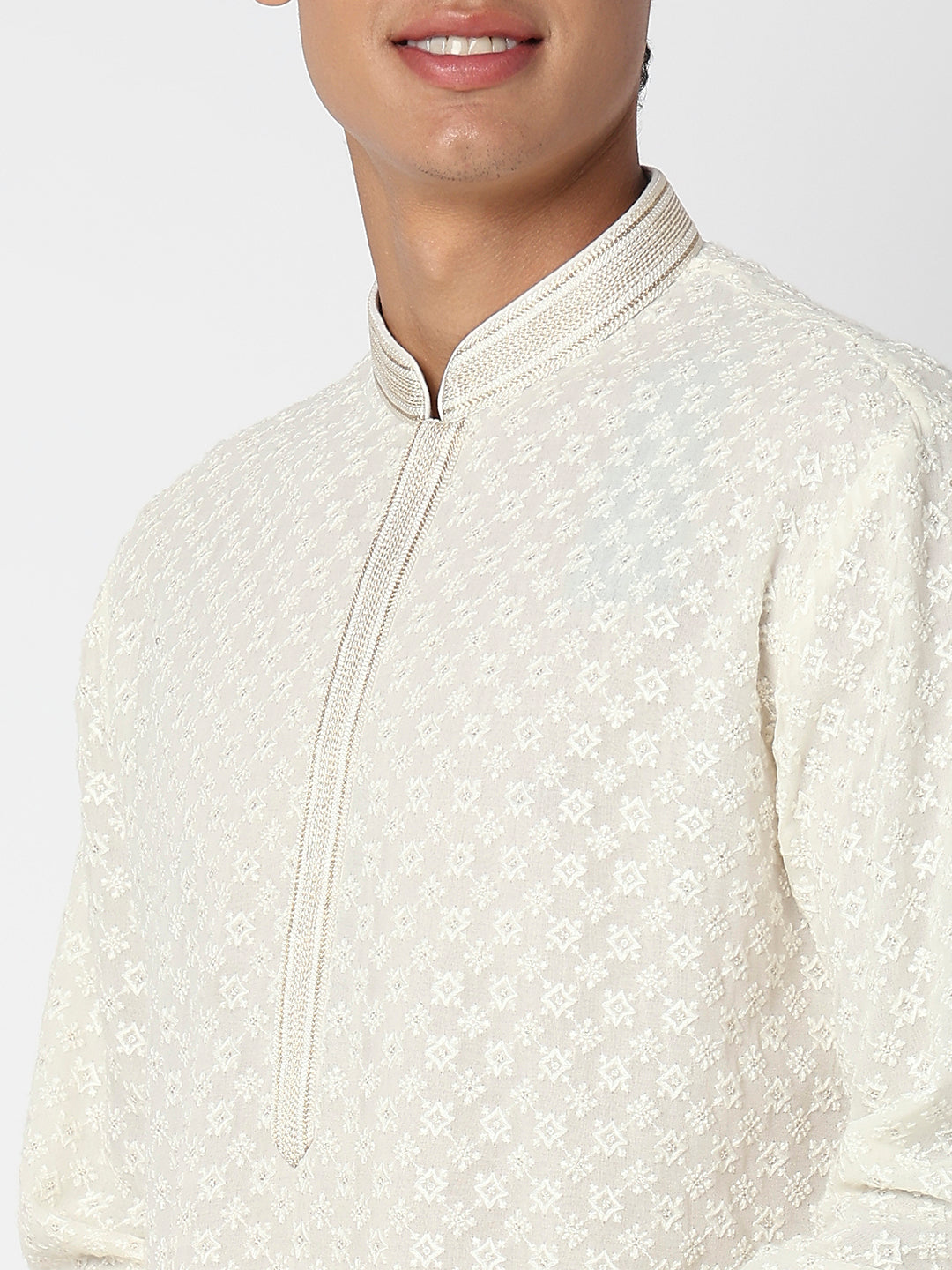 Men's White Polyester Embroidered Kurta Set