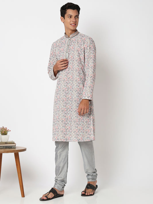 Men Wearing Grey Polyester Embroidered Kurta Set