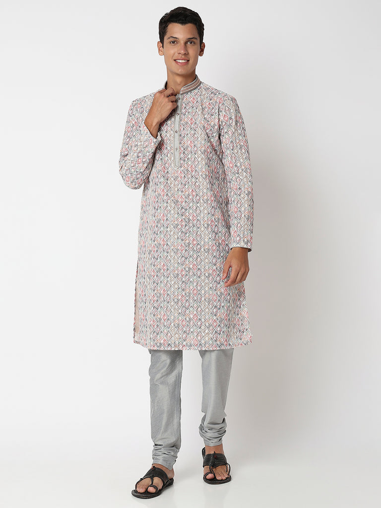 Men Wearing Grey Polyester Embroidered Kurta Set