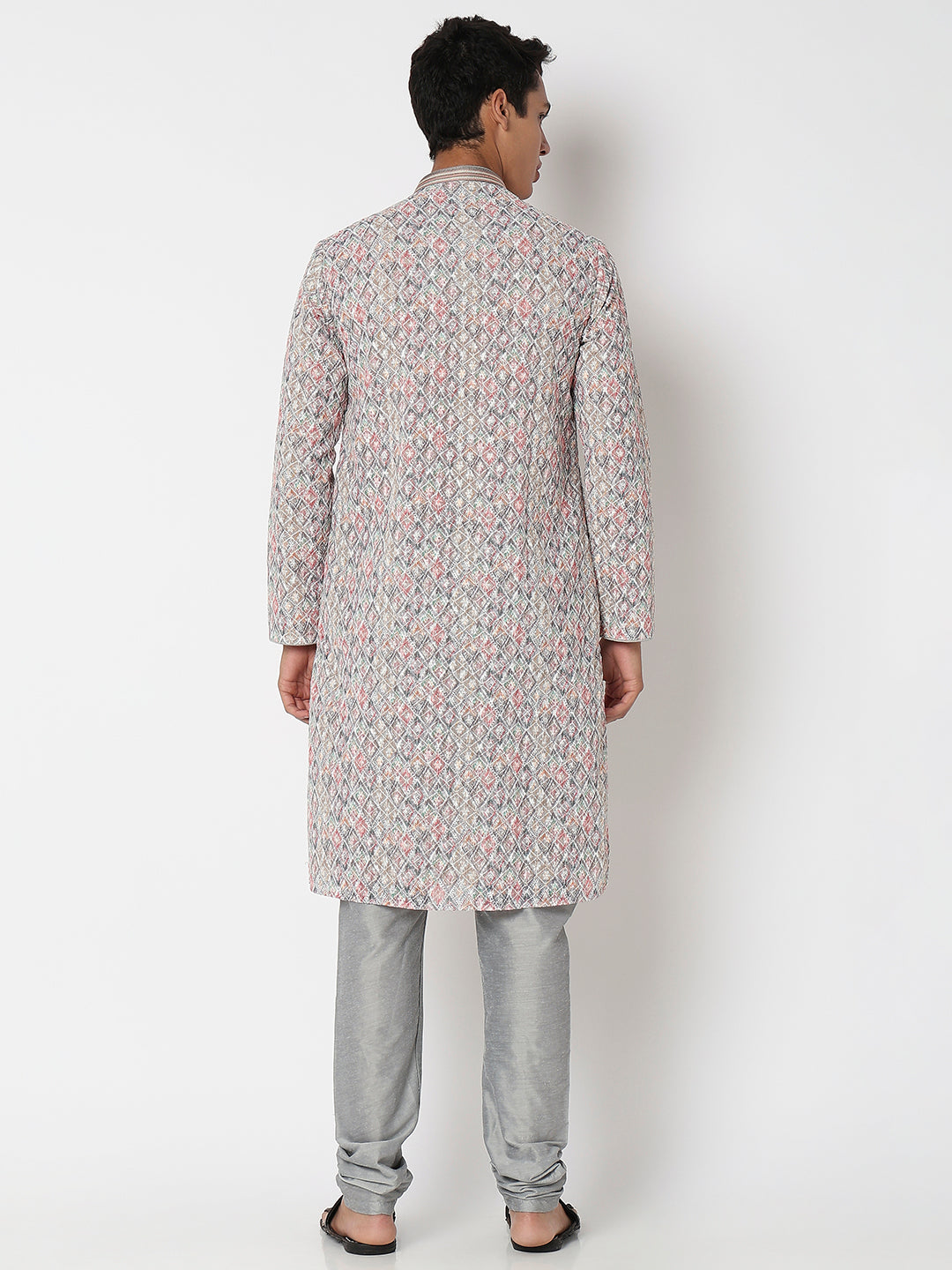 Men Wearing Grey Polyester Embroidered Kurta Set