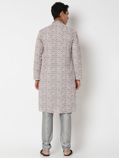 Men Wearing Grey Polyester Embroidered Kurta Set