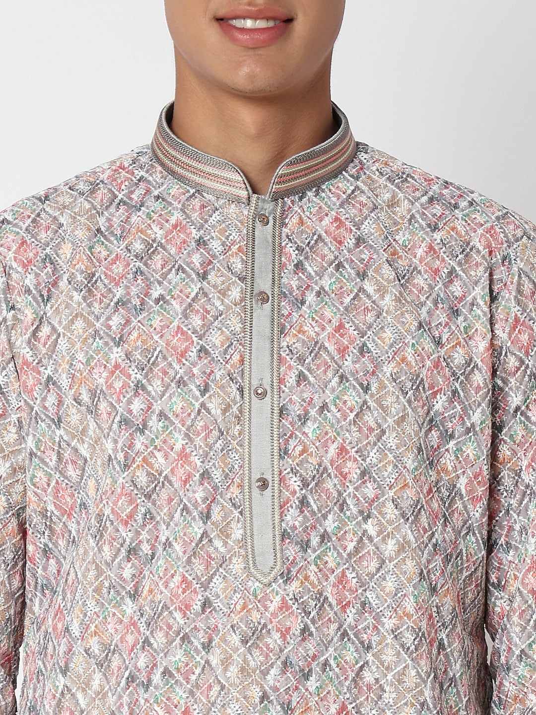 Men Wearing Grey Polyester Embroidered Kurta Set