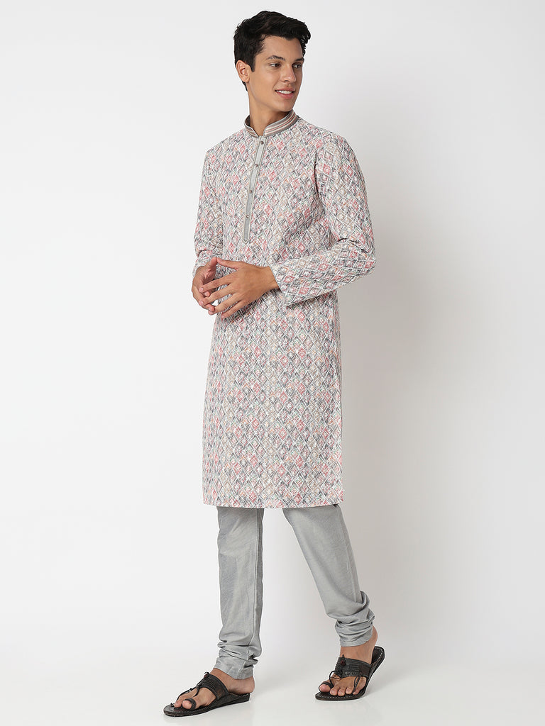 Men Wearing Grey Polyester Embroidered Kurta Set