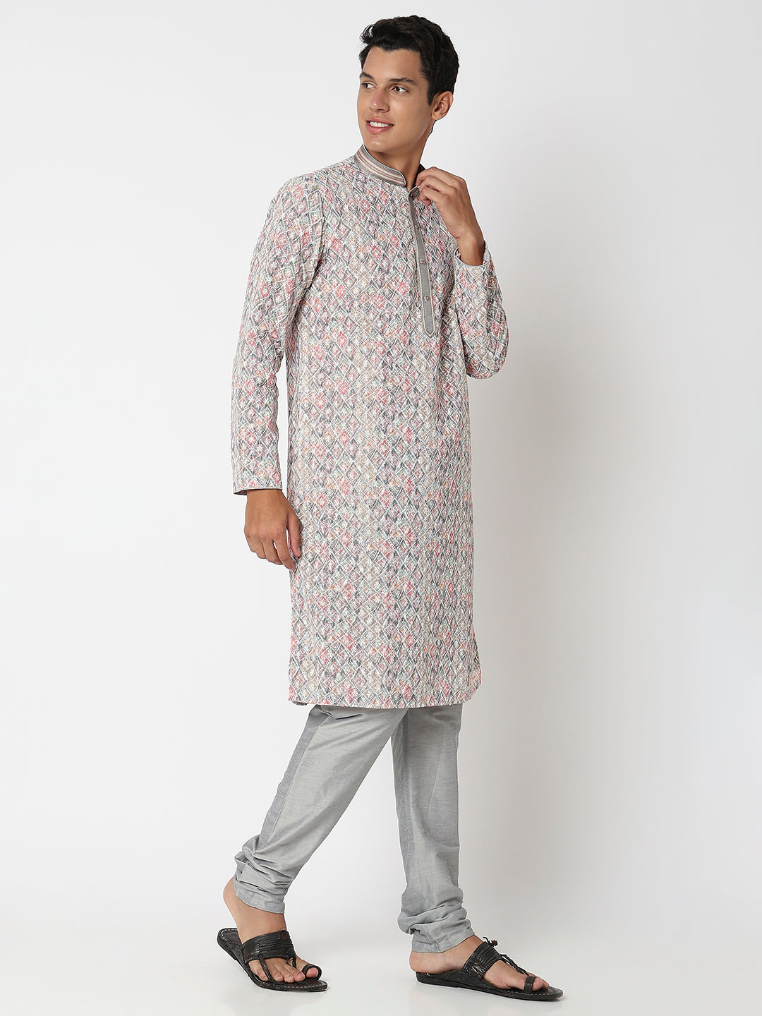 Men's Grey Polyester Embroidered Kurta Set