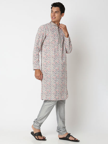 Men's Grey Polyester Embroidered Kurta Set