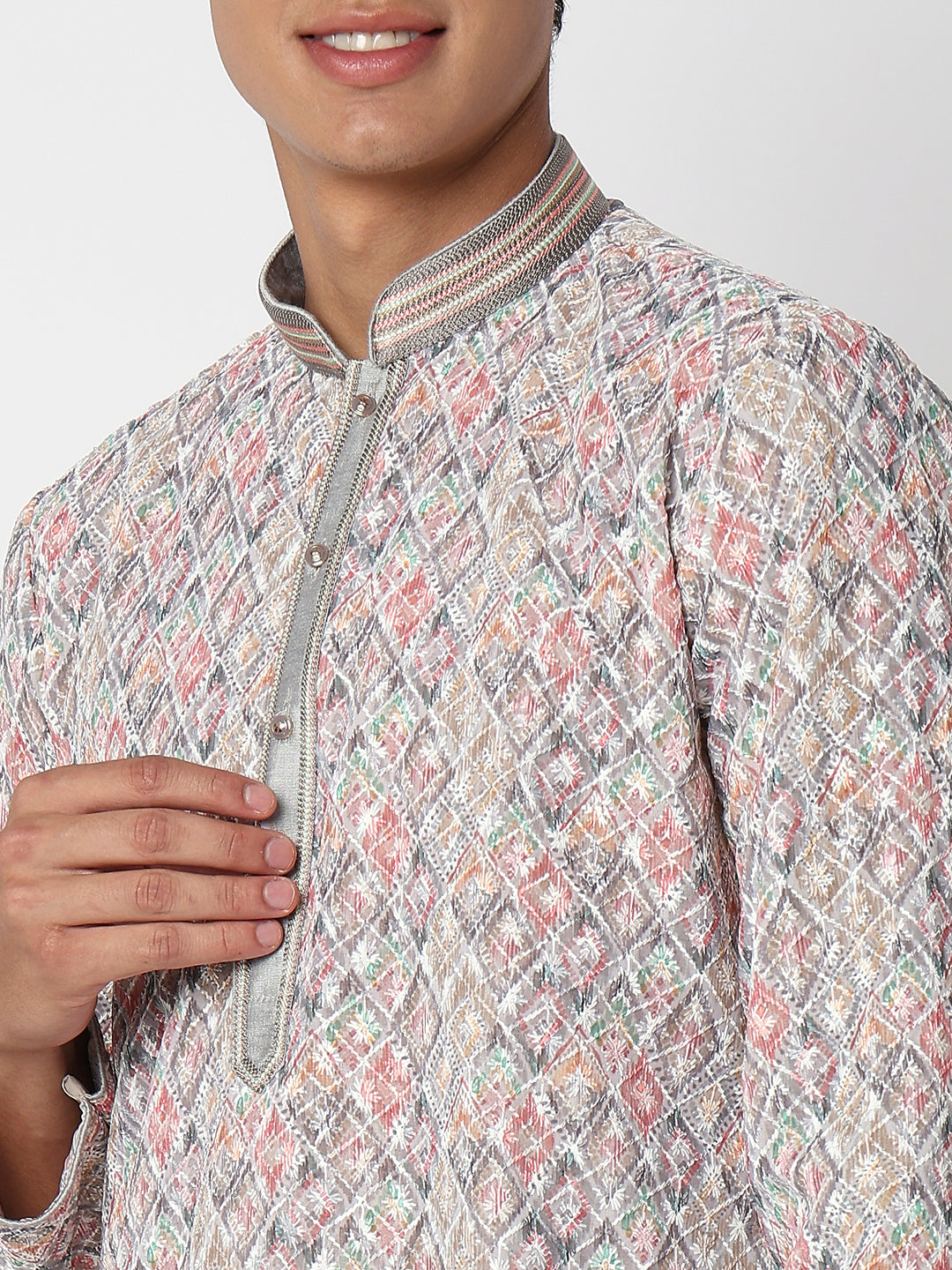 Men's Grey Polyester Embroidered Kurta Set