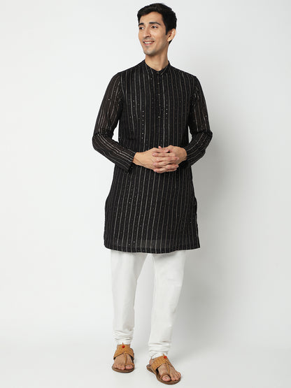 Men's Black Polyester Embellished Kurta