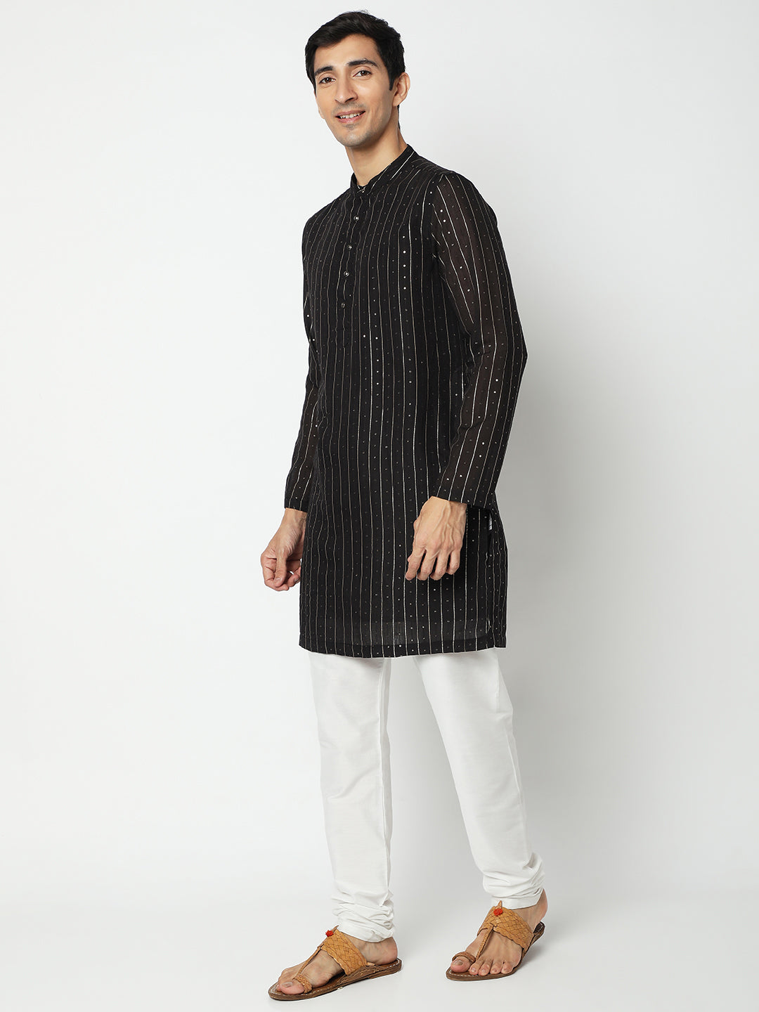 Men's Black Polyester Embellished Kurta