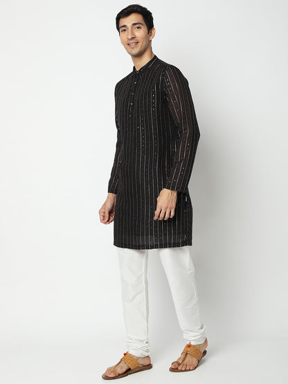 Men's Black Polyester Embellished Kurta