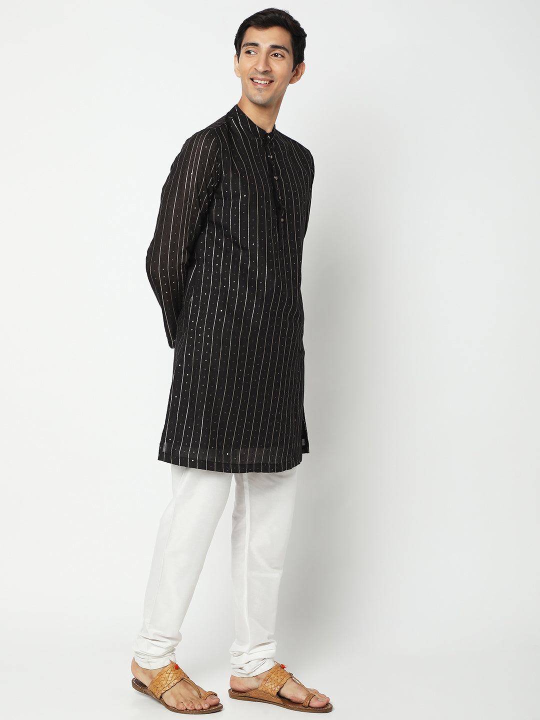 Men's Black Polyester Embellished Kurta