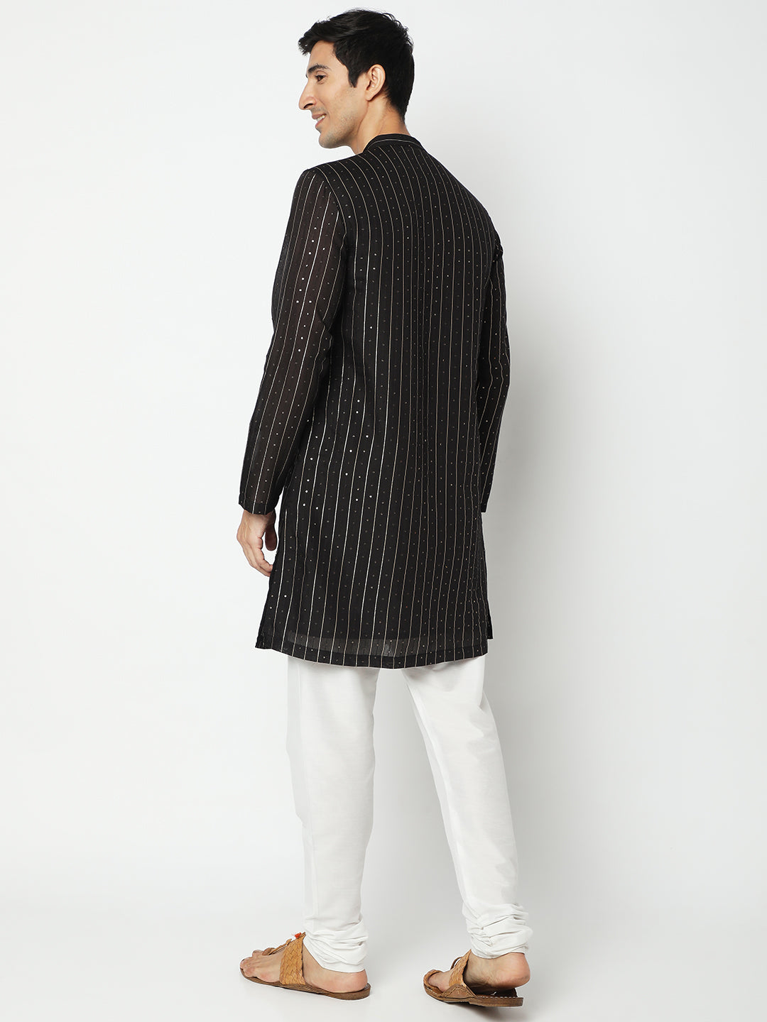 Men's Black Polyester Embellished Kurta