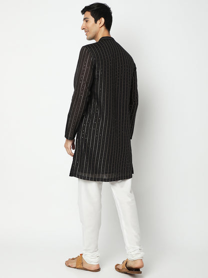 Men's Black Polyester Embellished Kurta