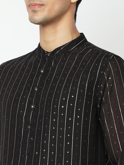 Men's Black Polyester Embellished Kurta