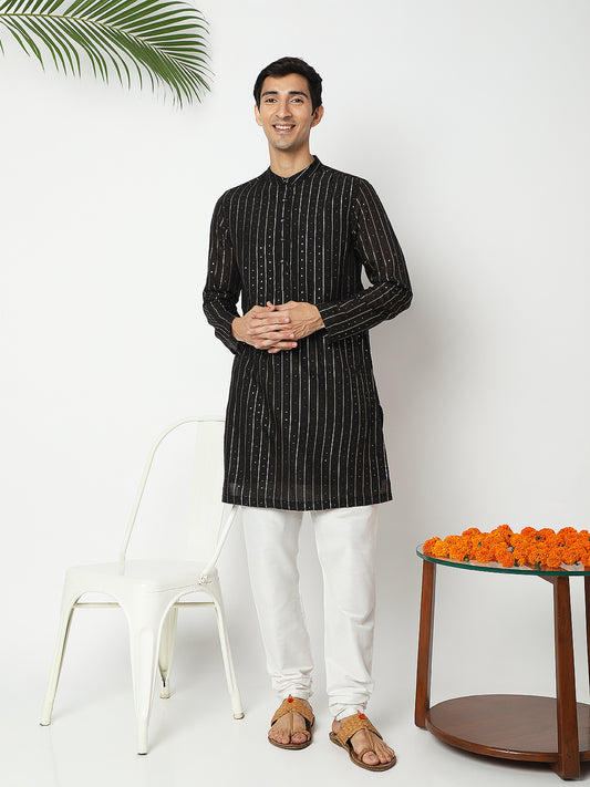 Men's Black Polyester Embellished Kurta