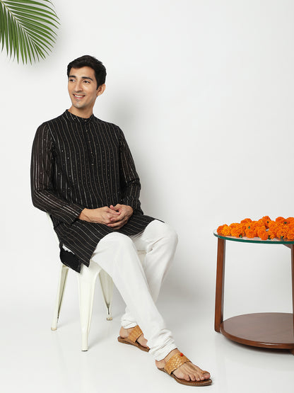 Men's Black Polyester Embellished Kurta