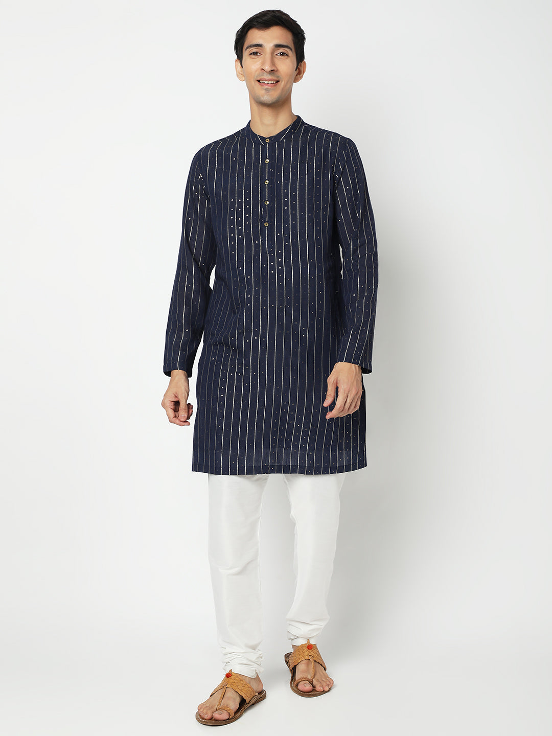 Men's Navy Blue Polyester Embellished Kurta