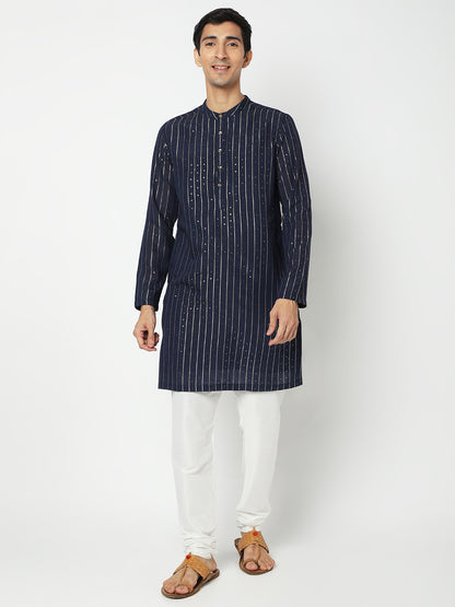 Men's Navy Blue Polyester Embellished Kurta