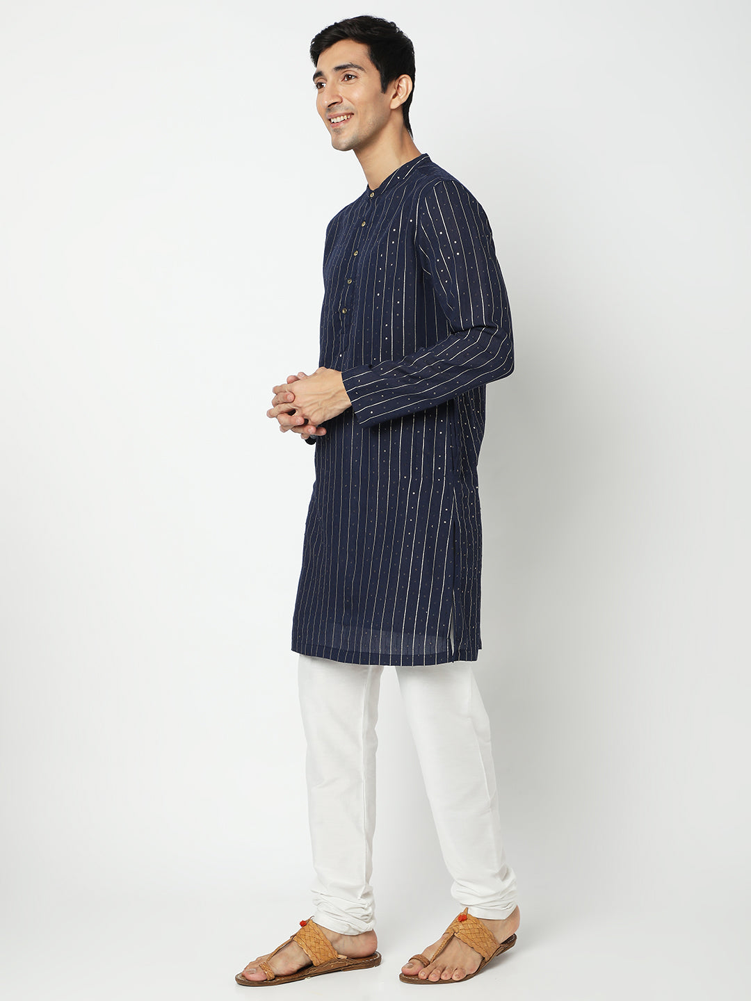 Men's Navy Blue Polyester Embellished Kurta