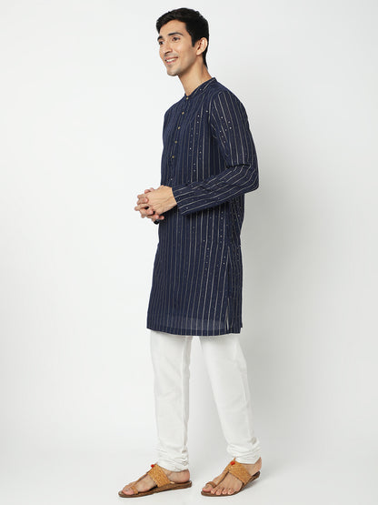 Men's Navy Blue Polyester Embellished Kurta